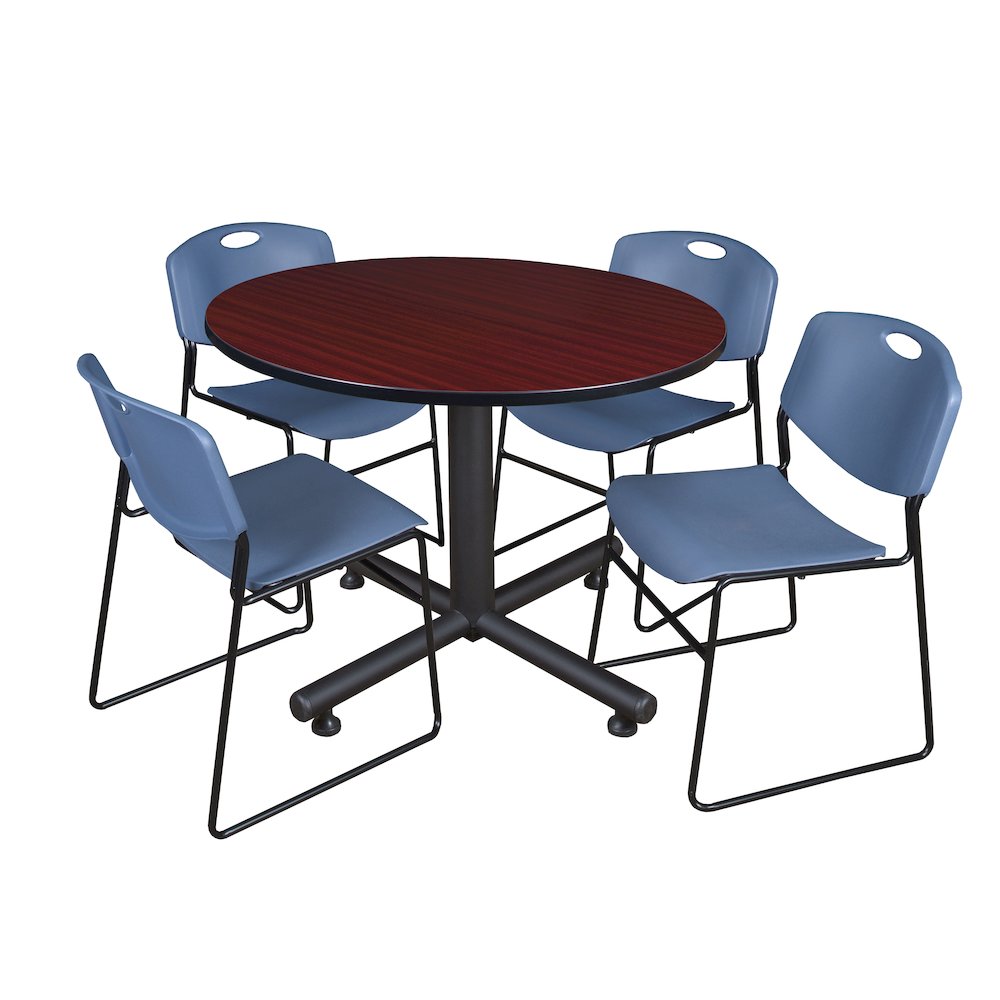 48 in. Round Breakroom Table- Mahogany, 4 Zeng Stack Chairs- Blue. Picture 1