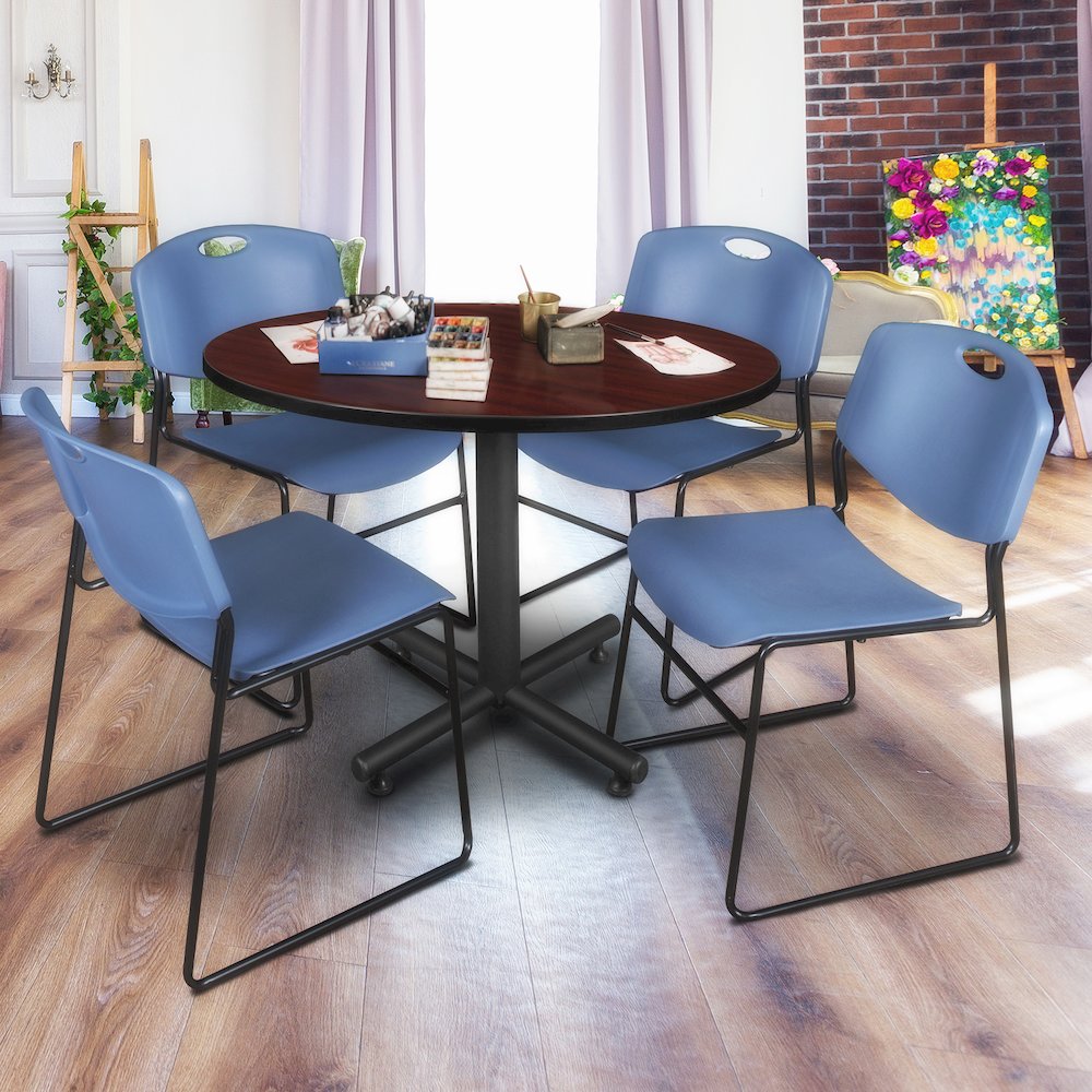 48 in. Round Breakroom Table- Mahogany, 4 Zeng Stack Chairs- Blue. Picture 8