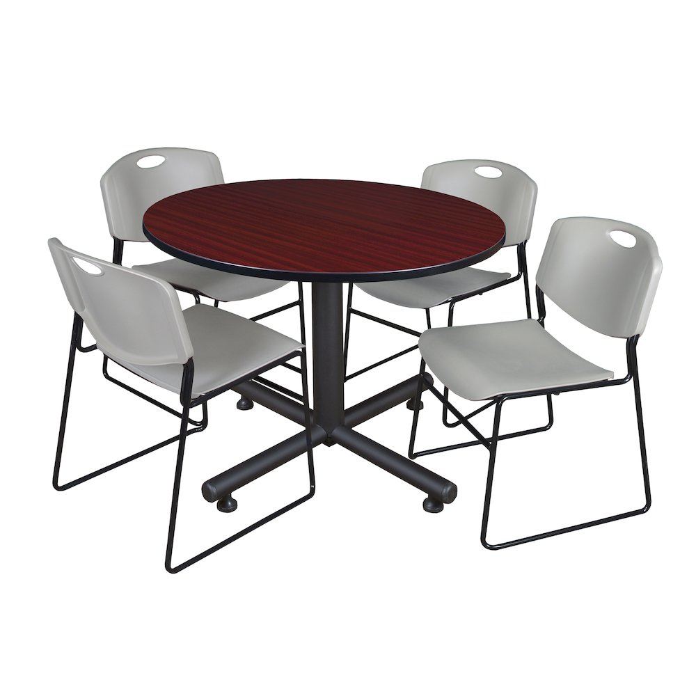 48 in. Round Breakroom Table- Mahogany, 4 Zeng Stack Chairs- Grey. Picture 1