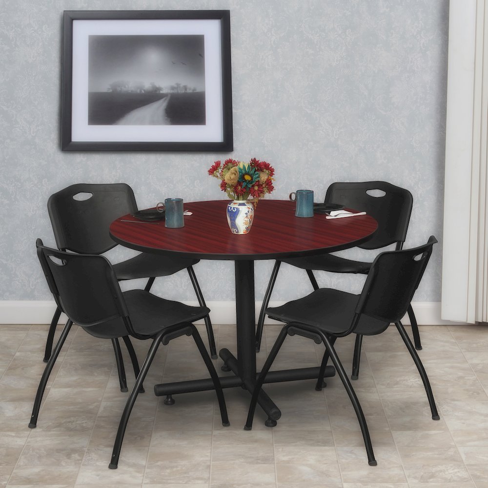 48 in. Round Breakroom Table- Mahogany, 4 M Stack Chairs- Black. Picture 8