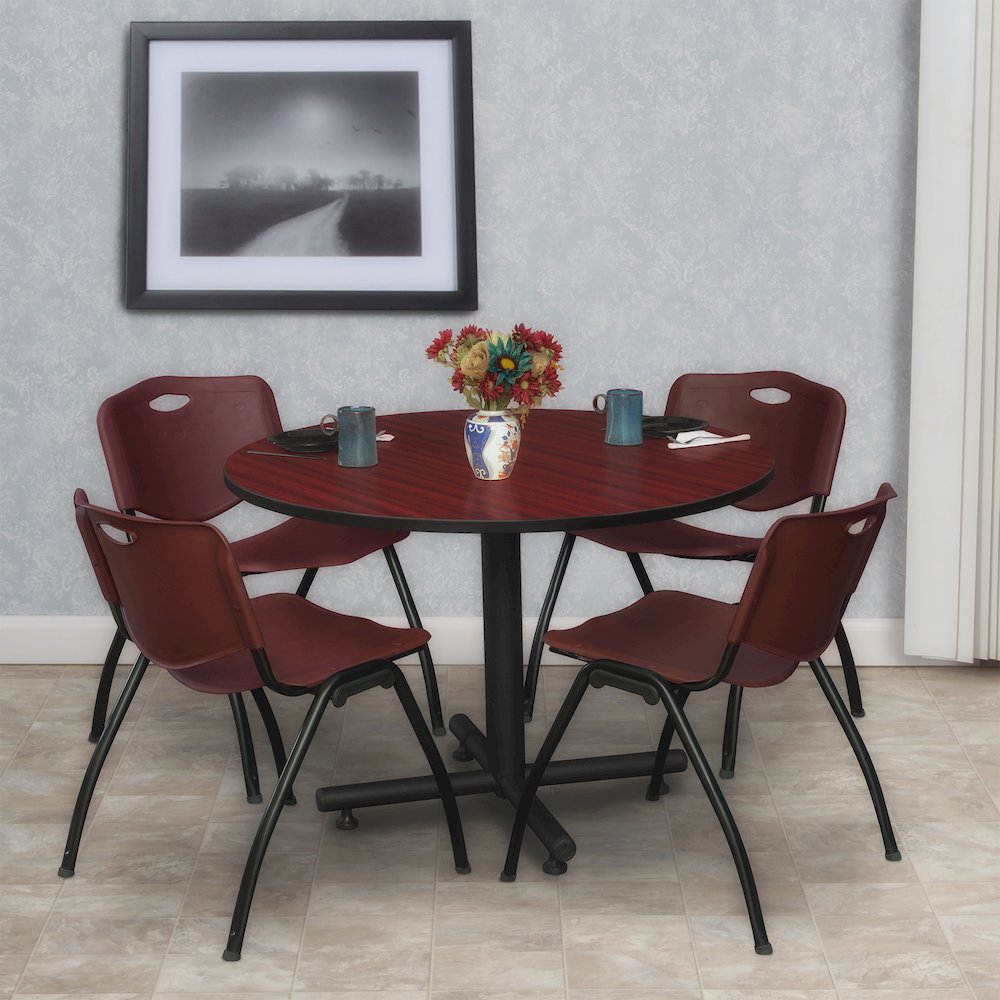 48 in. Round Breakroom Table- Mahogany, 4 M Stack Chairs- Burgundy. Picture 8