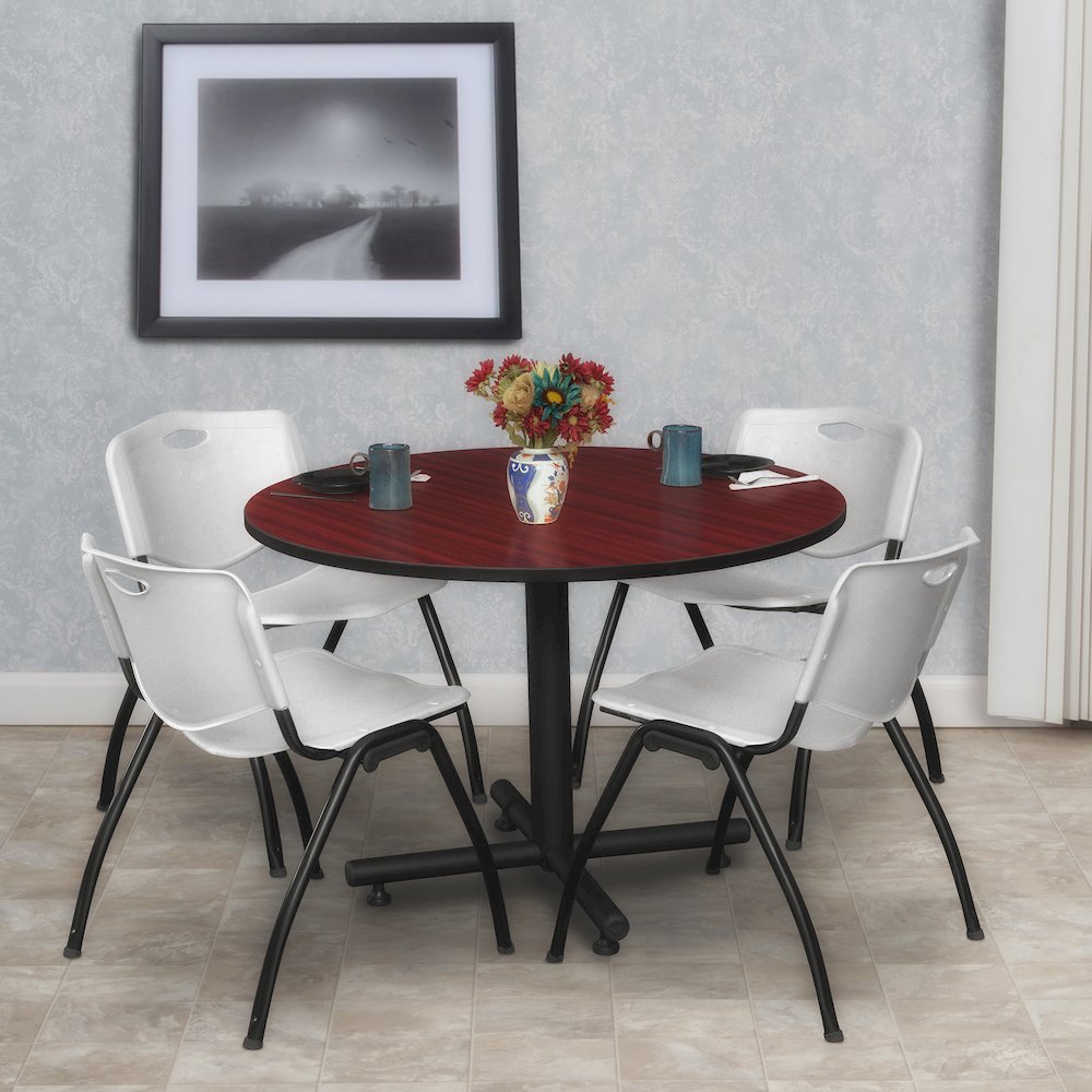 48 in. Round Breakroom Table- Mahogany, 4 M Stack Chairs- Grey. Picture 8