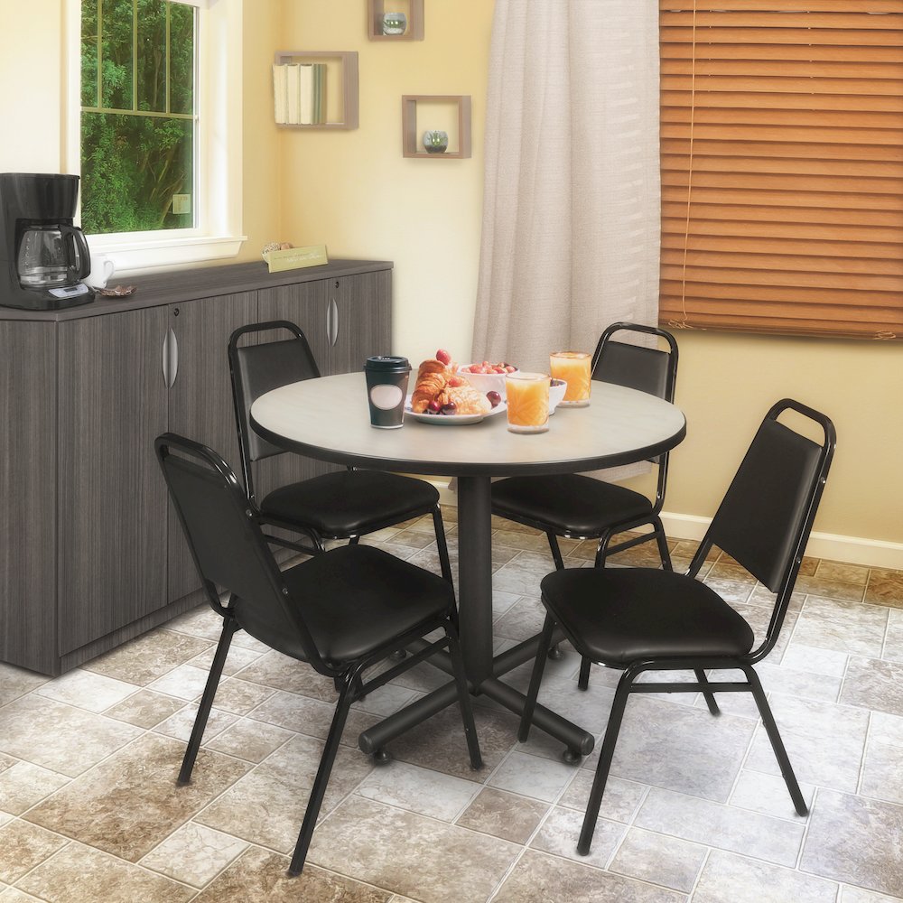 48 in. Round Breakroom Table- Maple, 4 Restaurant Stack Chairs- Black. Picture 8