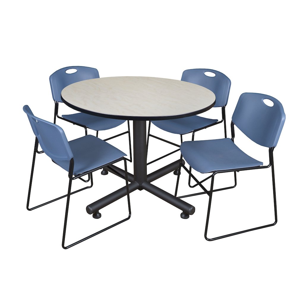 48 in. Round Breakroom Table- Maple, 4 Zeng Stack Chairs- Blue. Picture 1