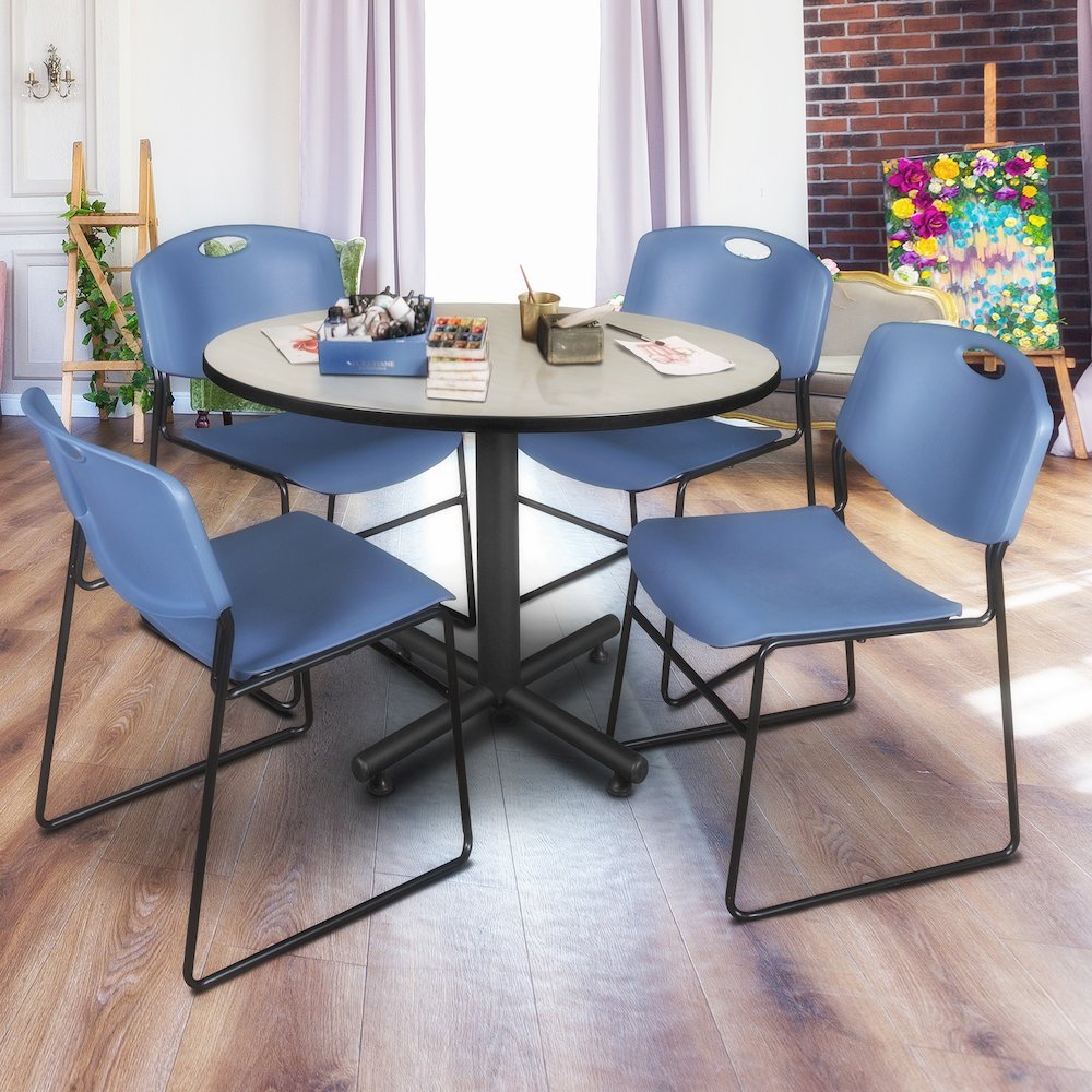 48 in. Round Breakroom Table- Maple, 4 Zeng Stack Chairs- Blue. Picture 8