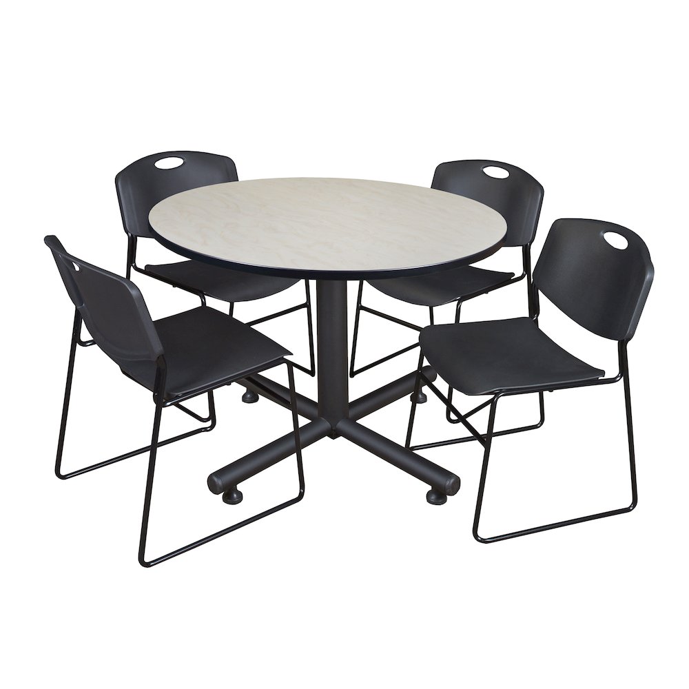48 in. Round Breakroom Table- Maple, 4 Zeng Stack Chairs- Black. Picture 1