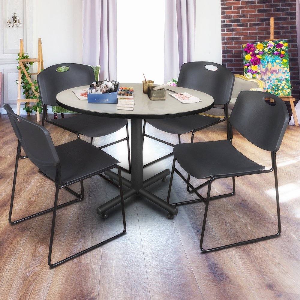 48 in. Round Breakroom Table- Maple, 4 Zeng Stack Chairs- Black. Picture 8