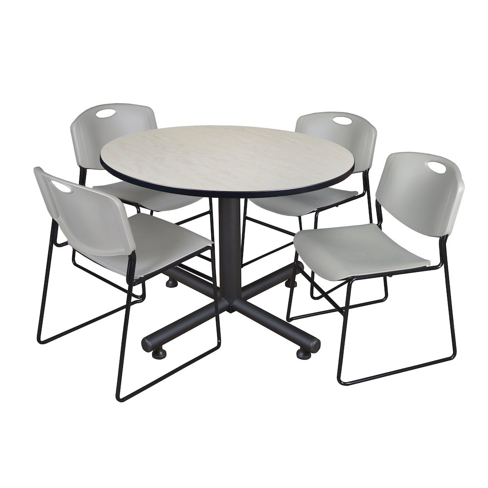 48 in. Round Breakroom Table- Maple, 4 Zeng Stack Chairs- Grey. Picture 1