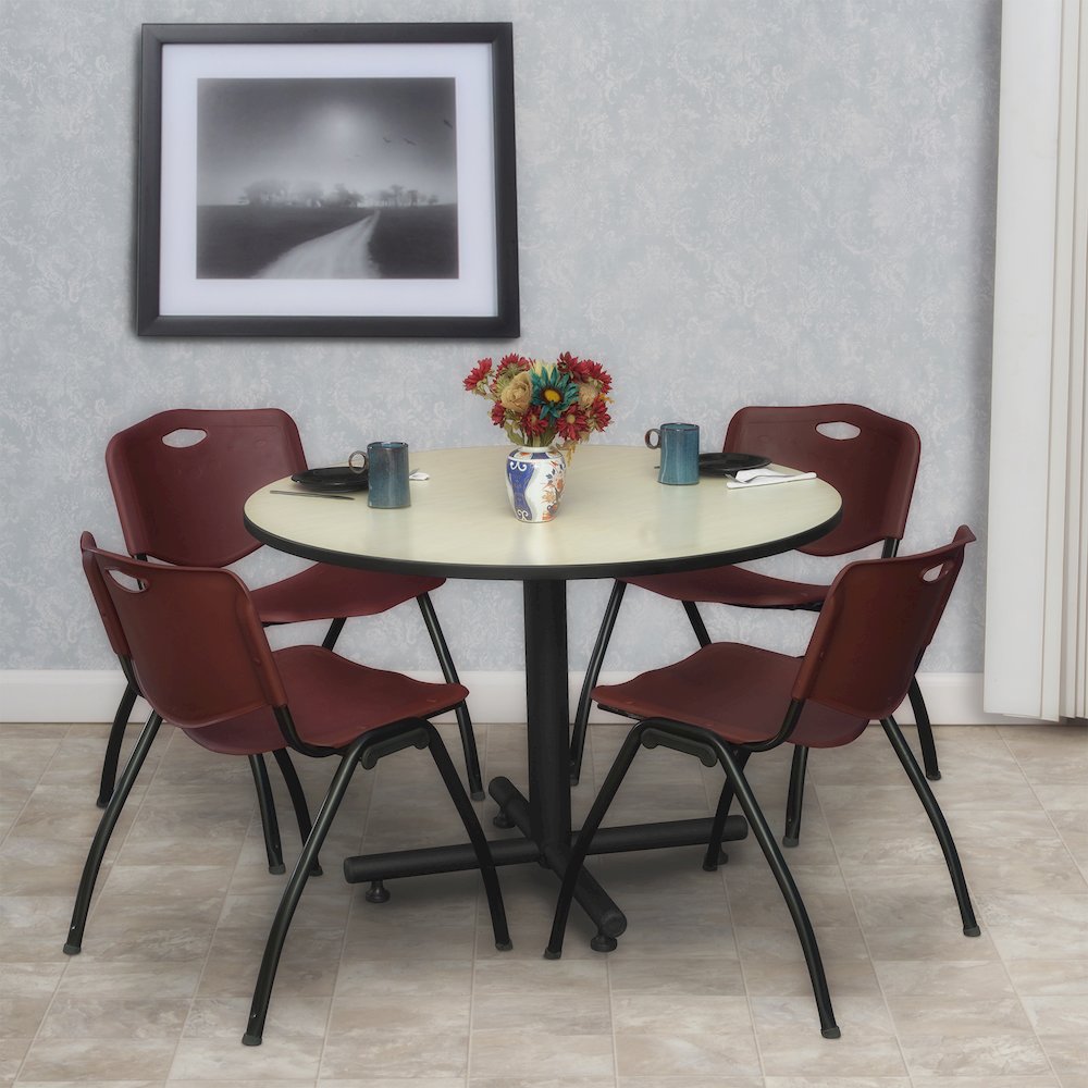 48 in. Round Breakroom Table- Maple, 4 M Stack Chairs- Burgundy. Picture 8
