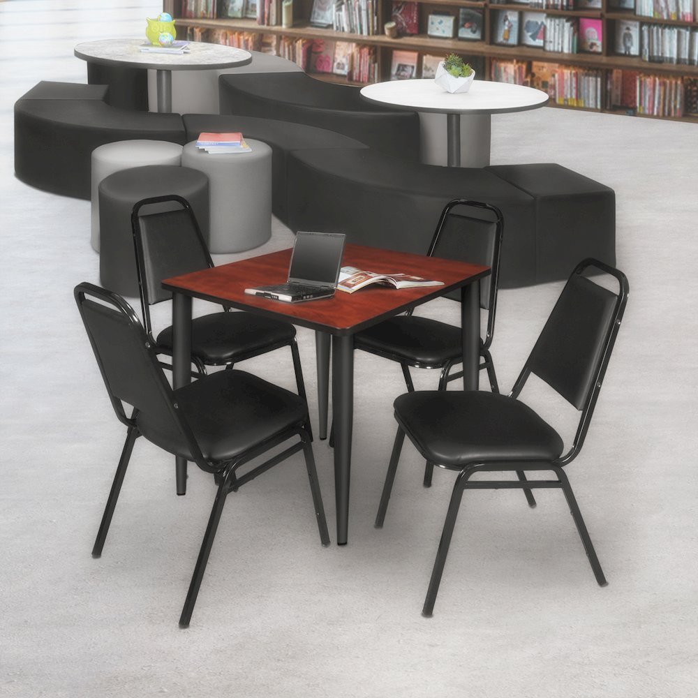 30 Square Breakroom Table- Cherry Top, Black Base & 4 Stack Chairs- Black. Picture 9