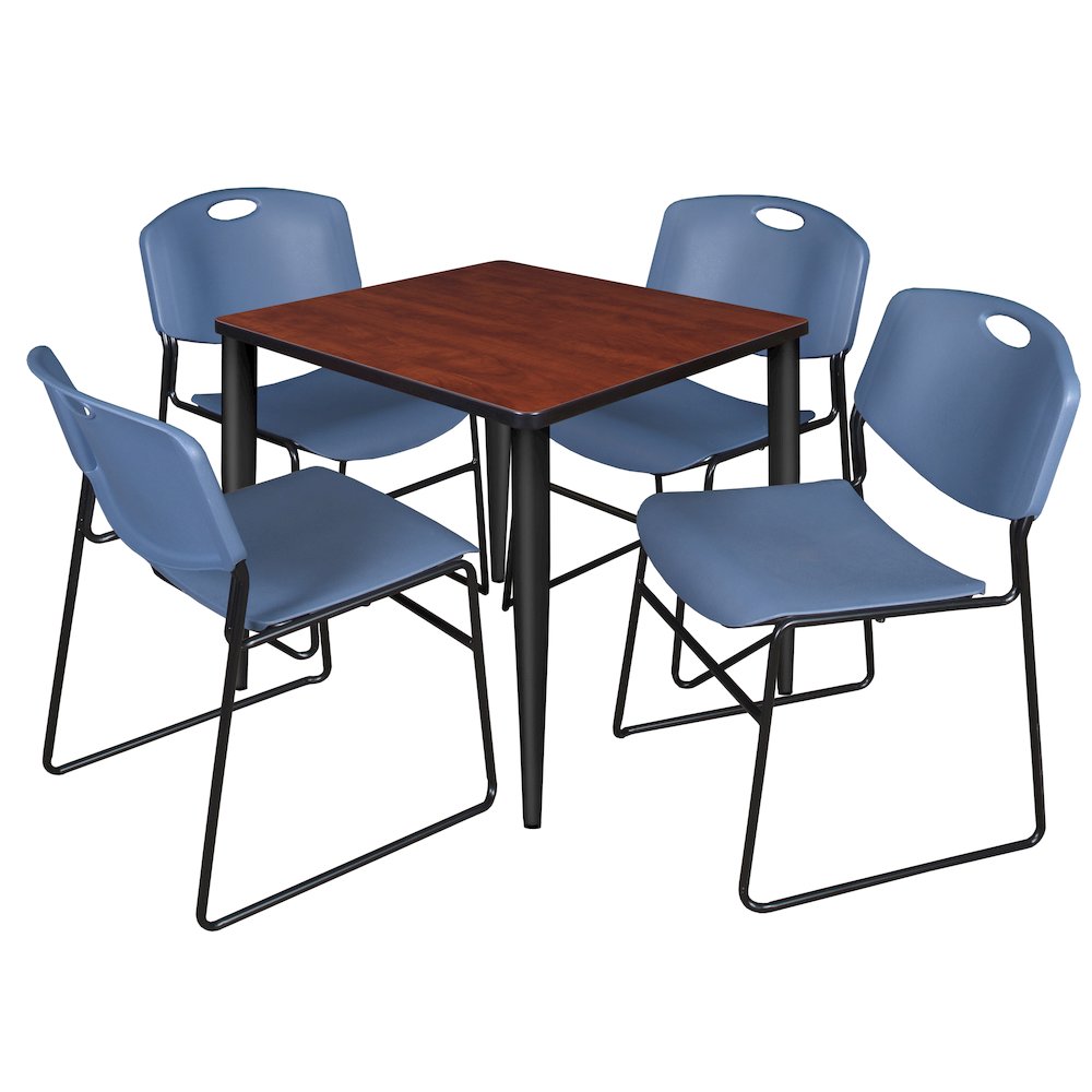 30 Square Breakroom Table- Cherry Top, Black Base & 4 Zeng Stack Chairs- Blue. Picture 1