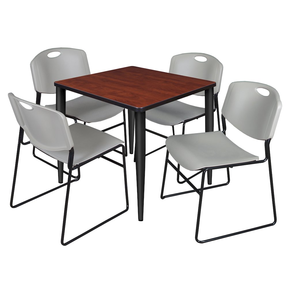 30 Square Breakroom Table- Cherry Top, Black Base & 4 Zeng Stack Chairs- Grey. Picture 1