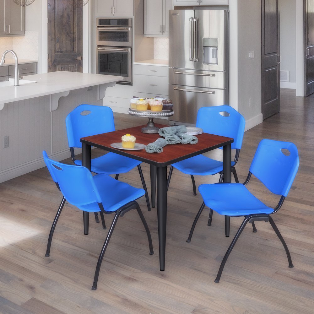30 in. Square Breakroom Table- Cherry Top, Black Base & 4 M Stack Chairs- Blue. Picture 9