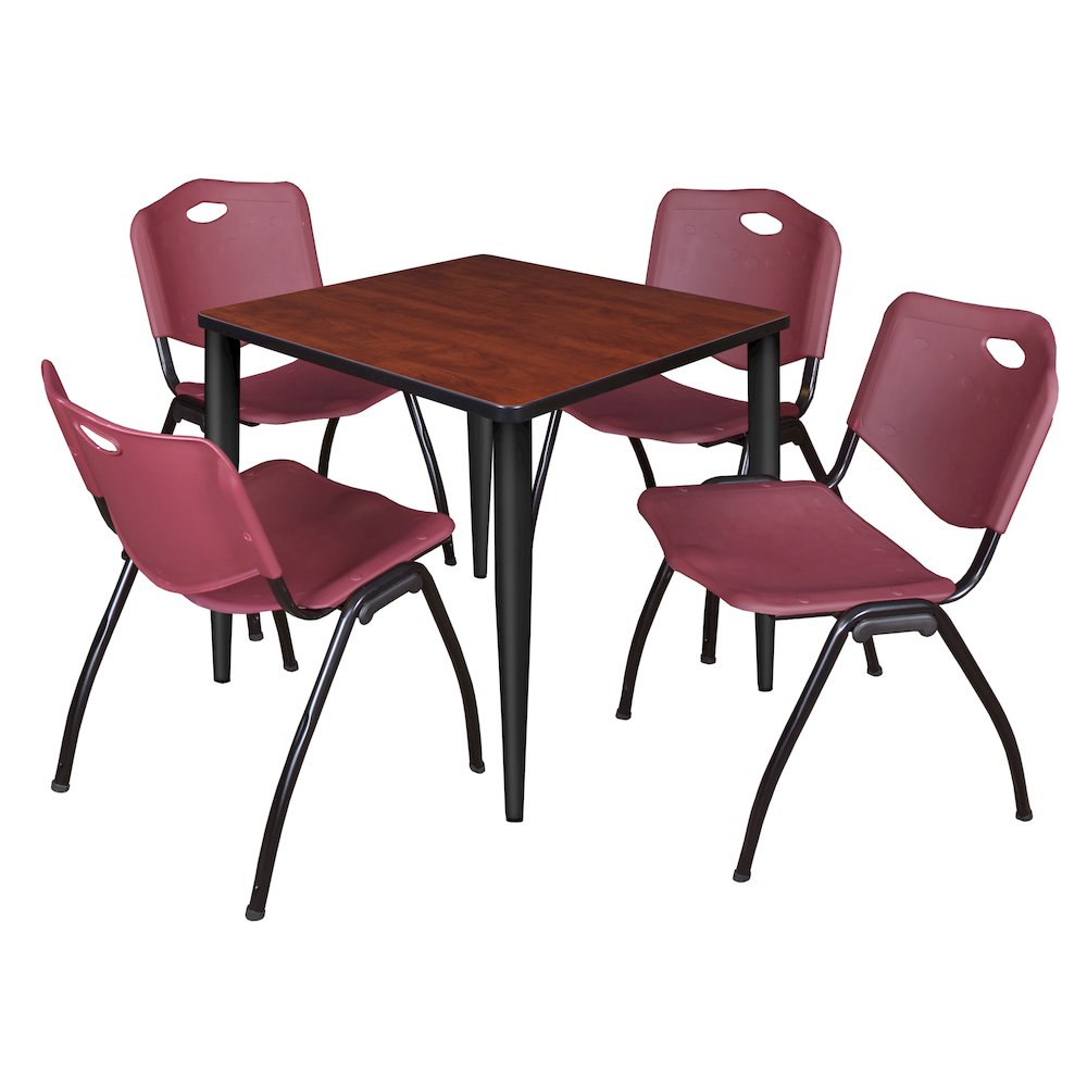 30 Square Breakroom Table- Cherry Top, Black Base & 4 M Stack Chairs- Burgundy. Picture 1