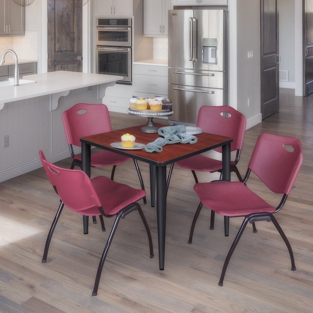 30 Square Breakroom Table- Cherry Top, Black Base & 4 M Stack Chairs- Burgundy. Picture 9