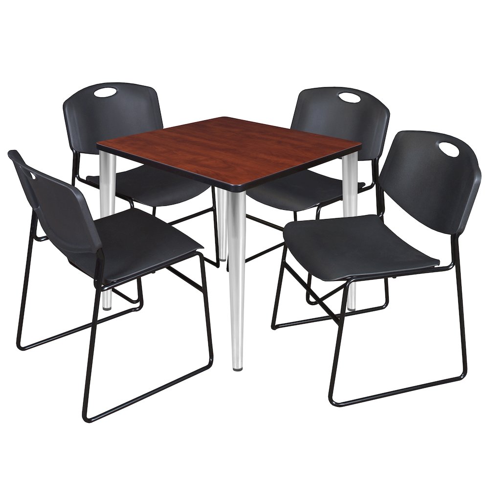 30 Square Breakroom Table- Cherry Top, Chrome Base & 4 Zeng Stack Chairs- Black. Picture 1