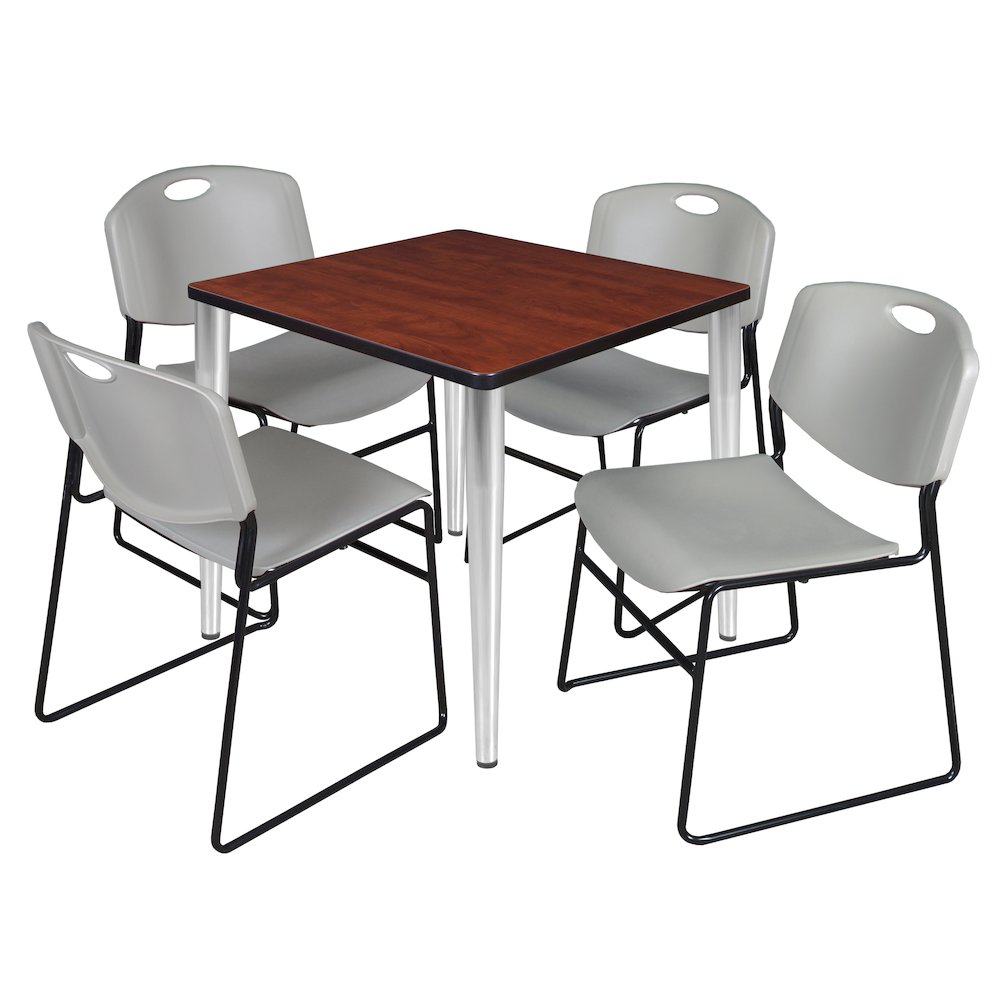 30 Square Breakroom Table- Cherry Top, Chrome Base & 4 Zeng Stack Chairs- Grey. Picture 1