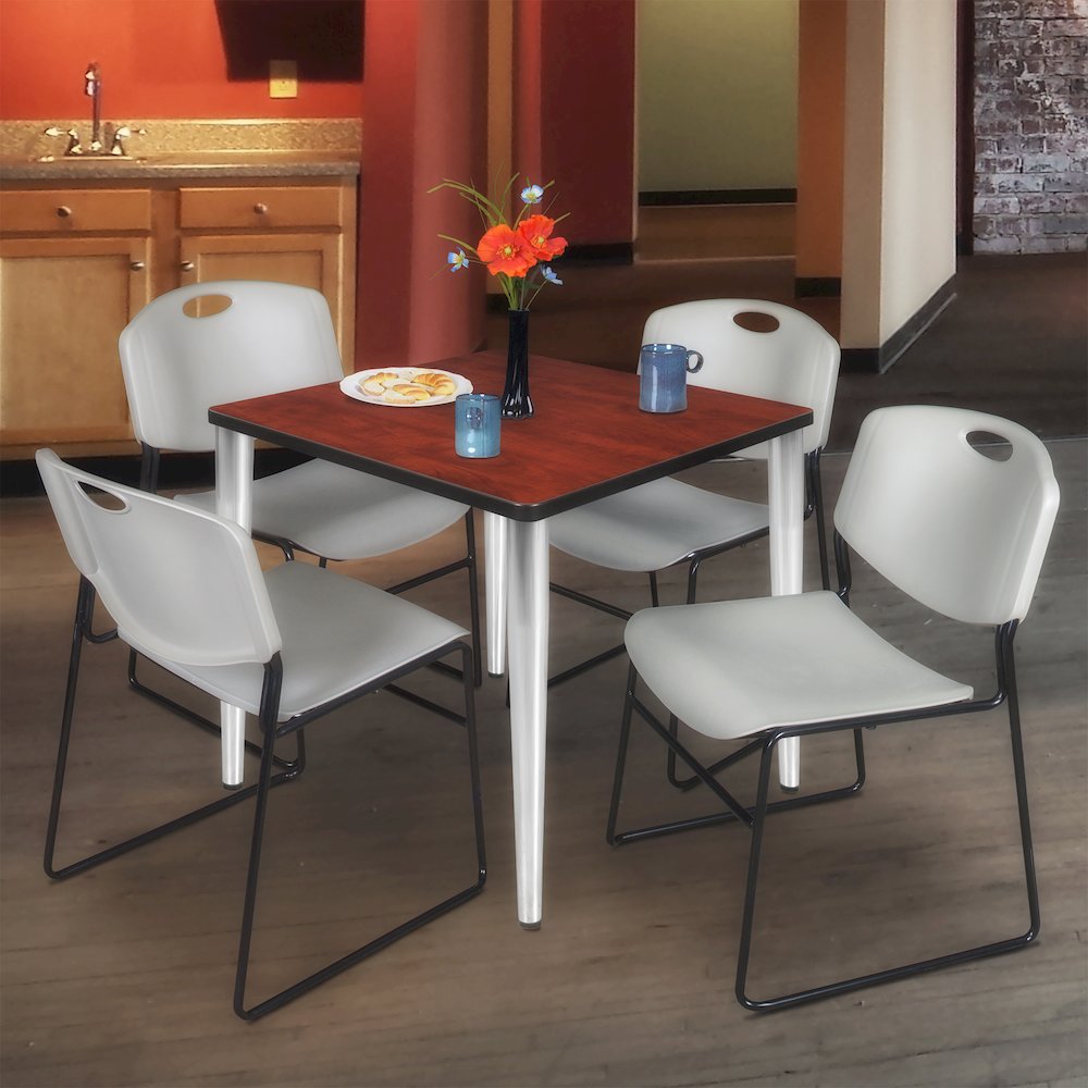 30 Square Breakroom Table- Cherry Top, Chrome Base & 4 Zeng Stack Chairs- Grey. Picture 9