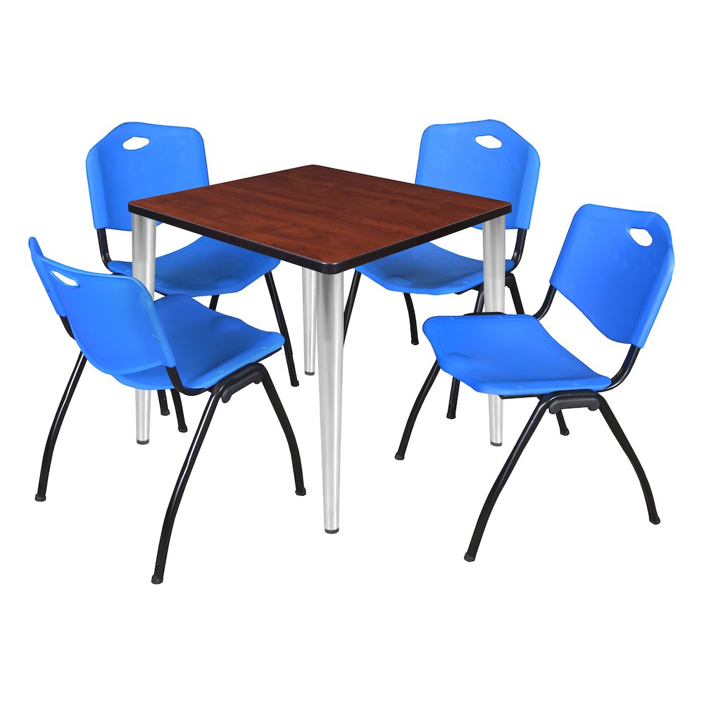 30 in. Square Breakroom Table- Cherry Top, Chrome Base & 4 M Stack Chairs- Blue. Picture 1