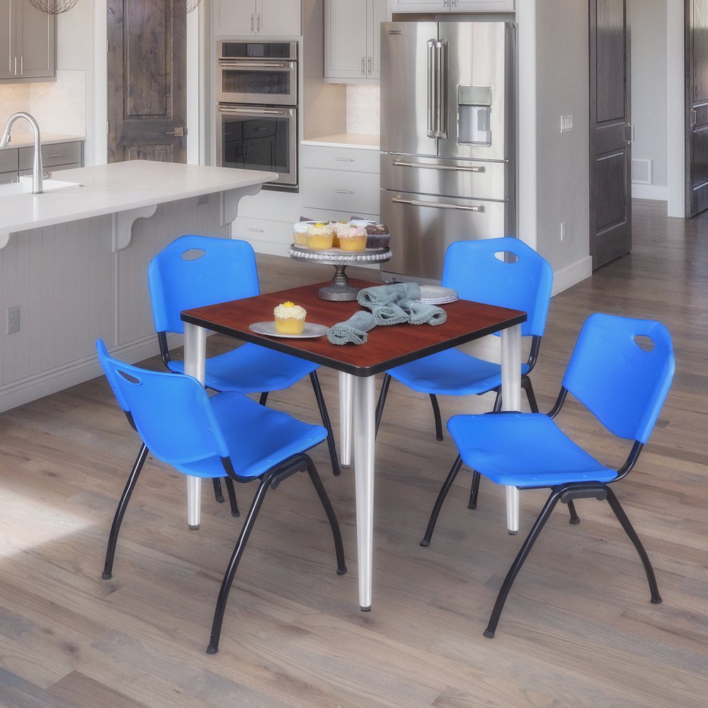 30 in. Square Breakroom Table- Cherry Top, Chrome Base & 4 M Stack Chairs- Blue. Picture 9