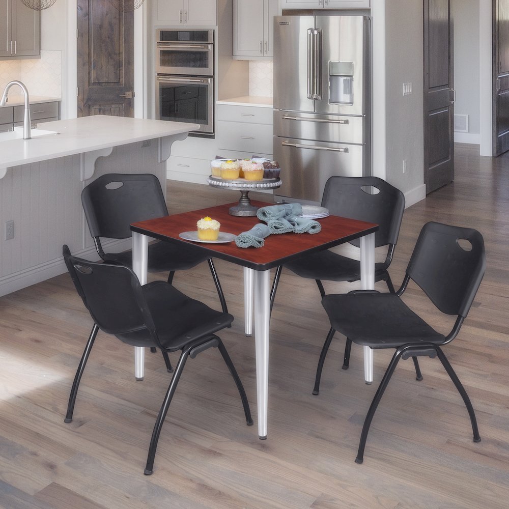 30 in. Square Breakroom Table- Cherry Top, Chrome Base & 4 M Stack Chairs- Black. Picture 9