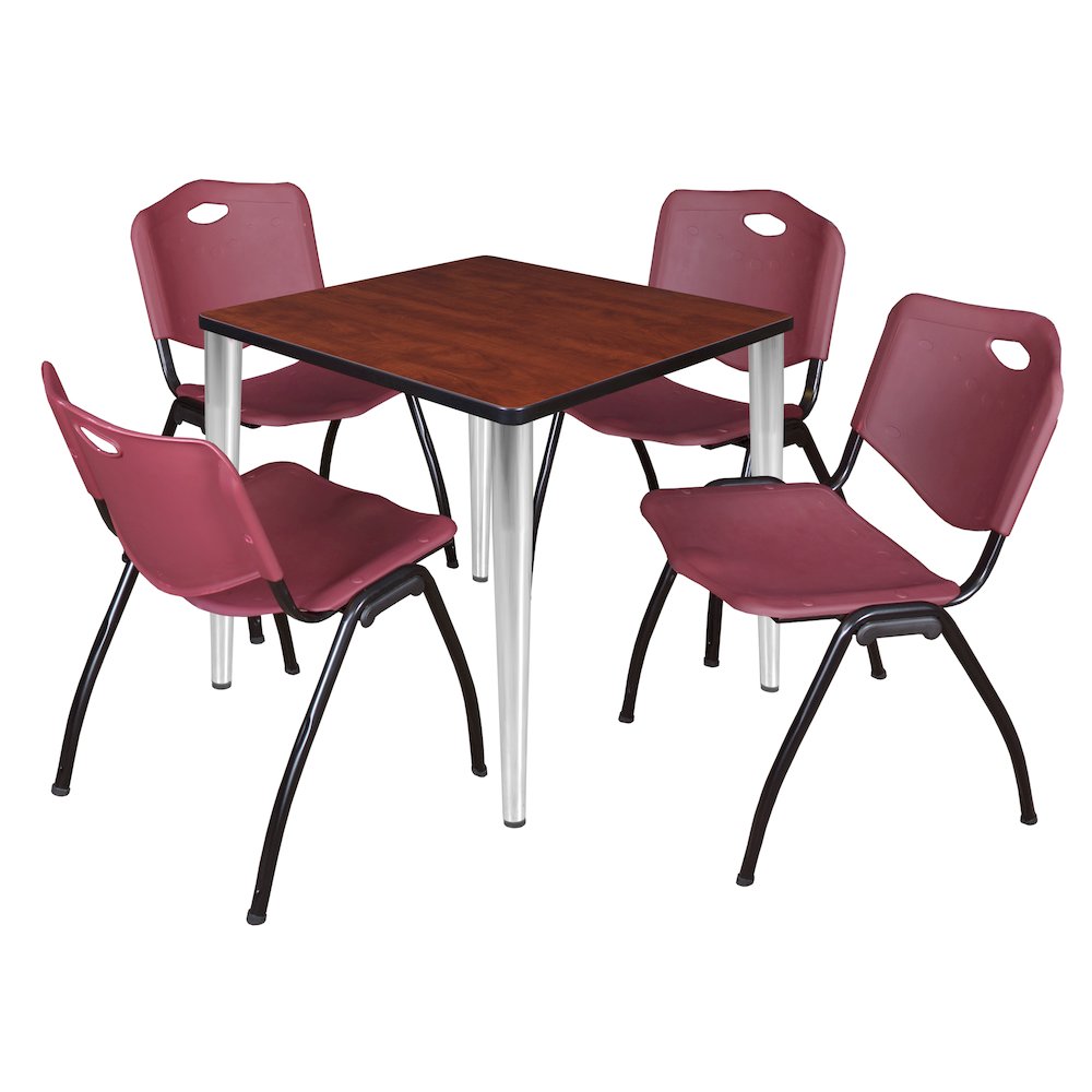 30 Square Breakroom Table- Cherry Top, Chrome Base & 4 M Stack Chairs- Burgundy. Picture 1