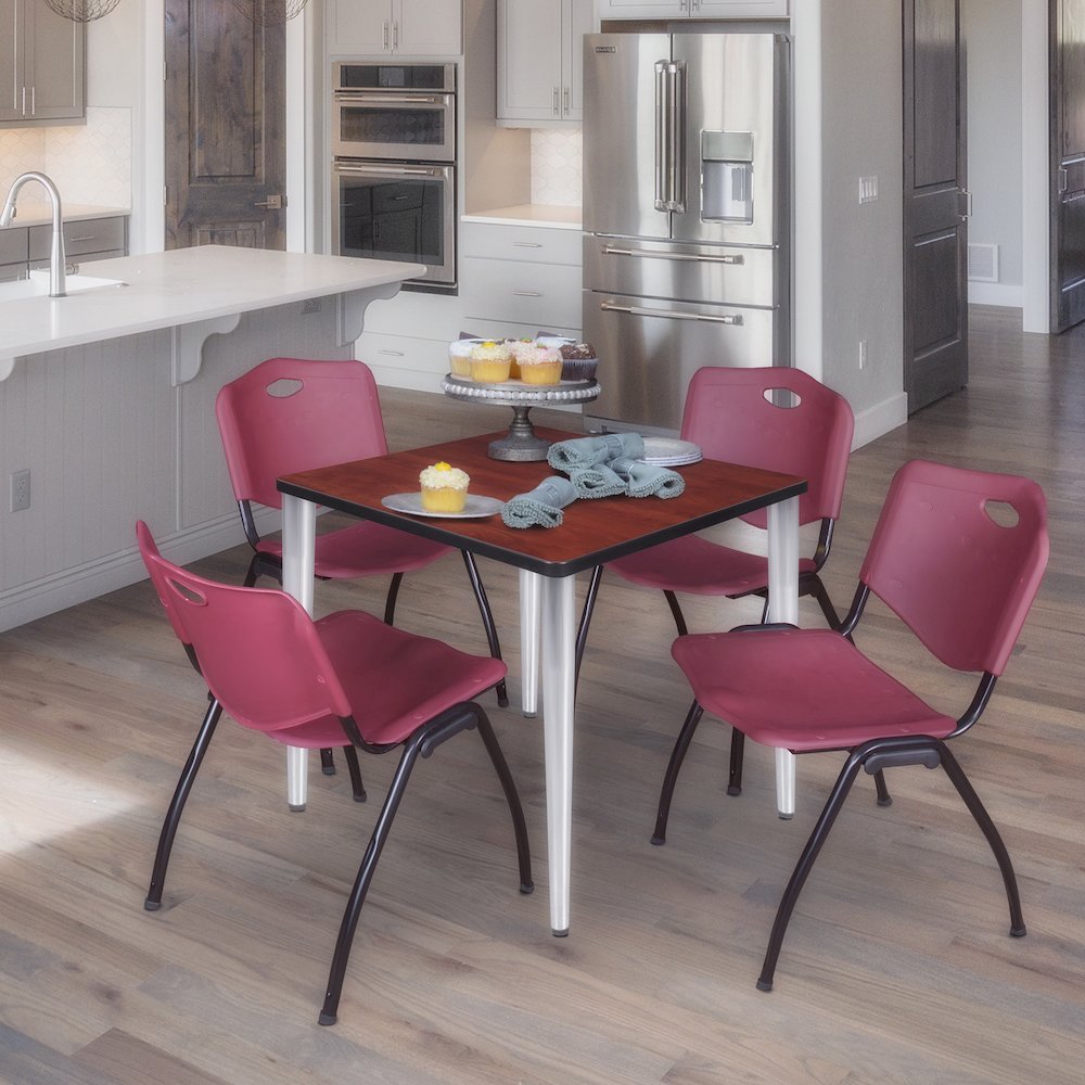 30 Square Breakroom Table- Cherry Top, Chrome Base & 4 M Stack Chairs- Burgundy. Picture 9