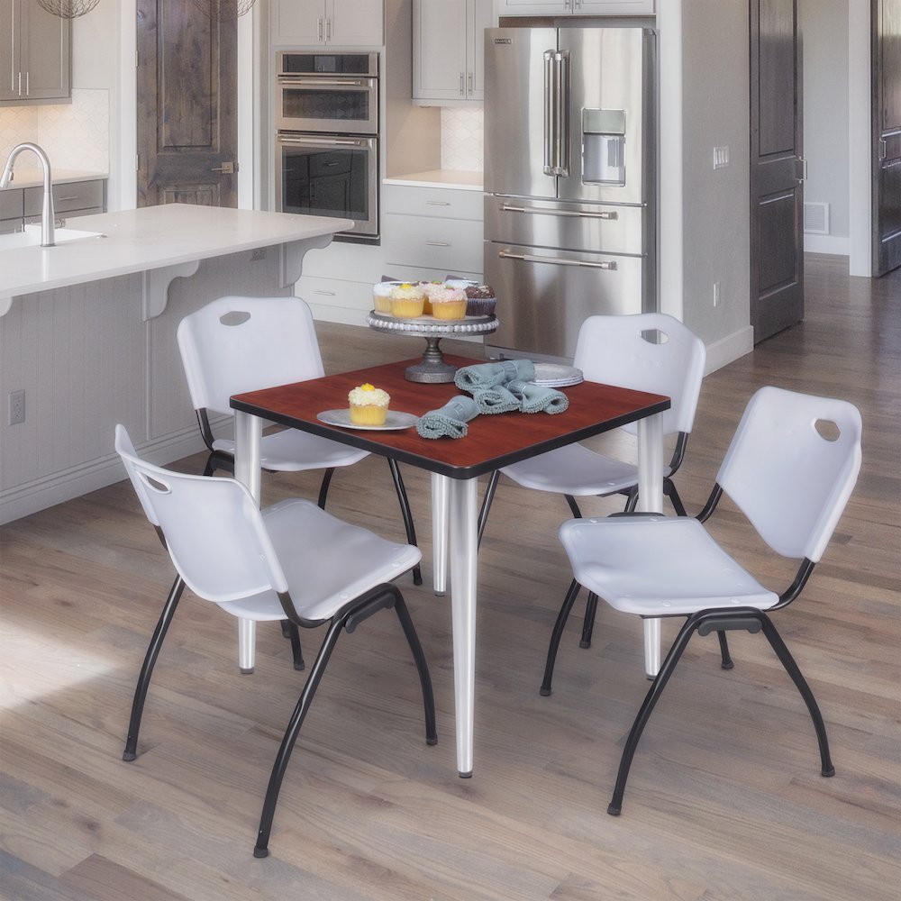 30 in. Square Breakroom Table- Cherry Top, Chrome Base & 4 M Stack Chairs- Grey. Picture 9