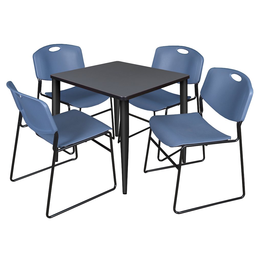 30 in. Square Breakroom Table- Grey Top, Black Base & 4 Zeng Stack Chairs- Blue. Picture 1