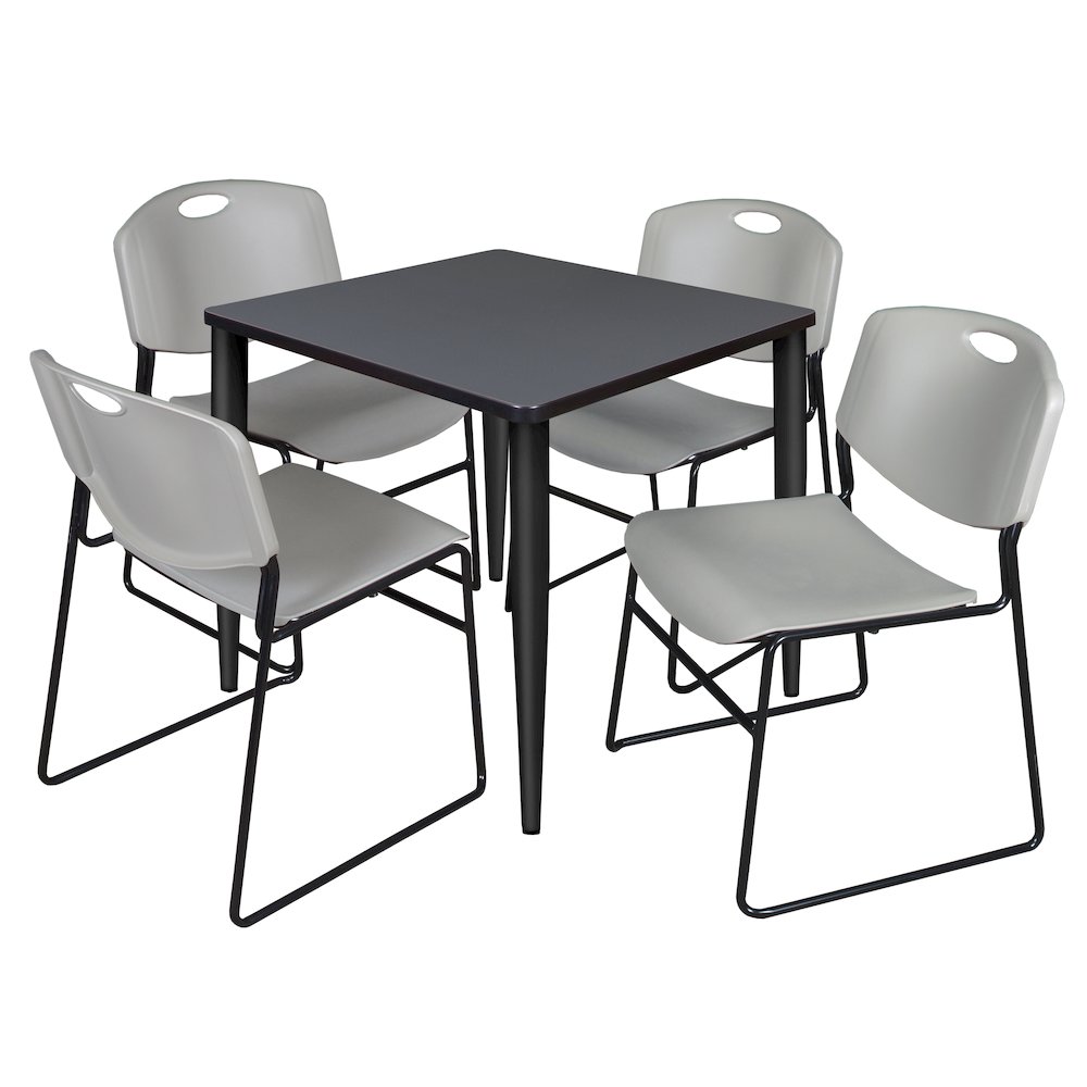 30 in. Square Breakroom Table- Grey Top, Black Base & 4 Zeng Stack Chairs- Grey. Picture 1
