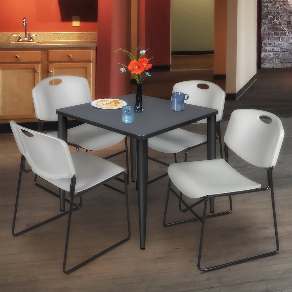 30 in. Square Breakroom Table- Grey Top, Black Base & 4 Zeng Stack Chairs- Grey. Picture 9