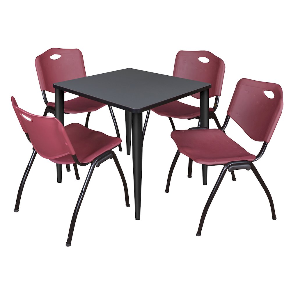 30 in. Square Breakroom Table- Grey Top, Black Base & 4 M Stack Chairs- Burgundy. Picture 1