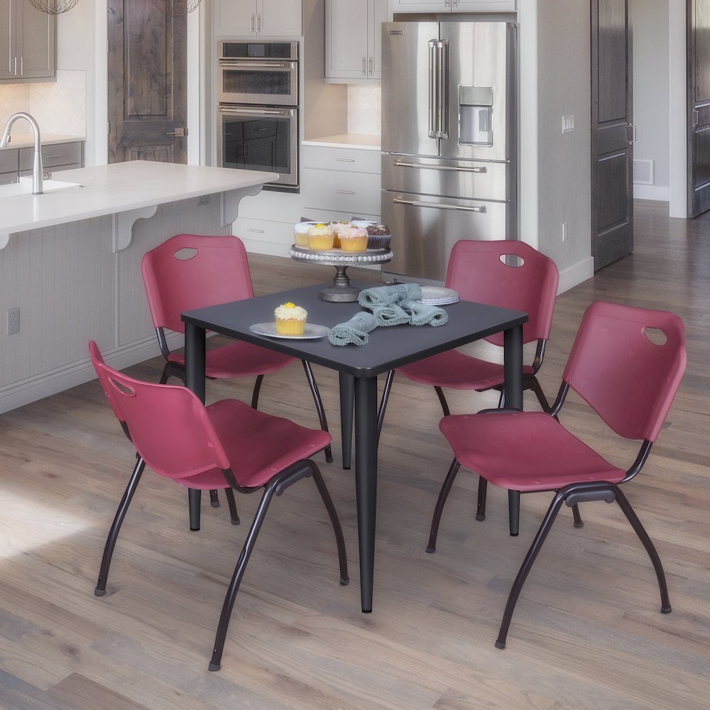 30 in. Square Breakroom Table- Grey Top, Black Base & 4 M Stack Chairs- Burgundy. Picture 9