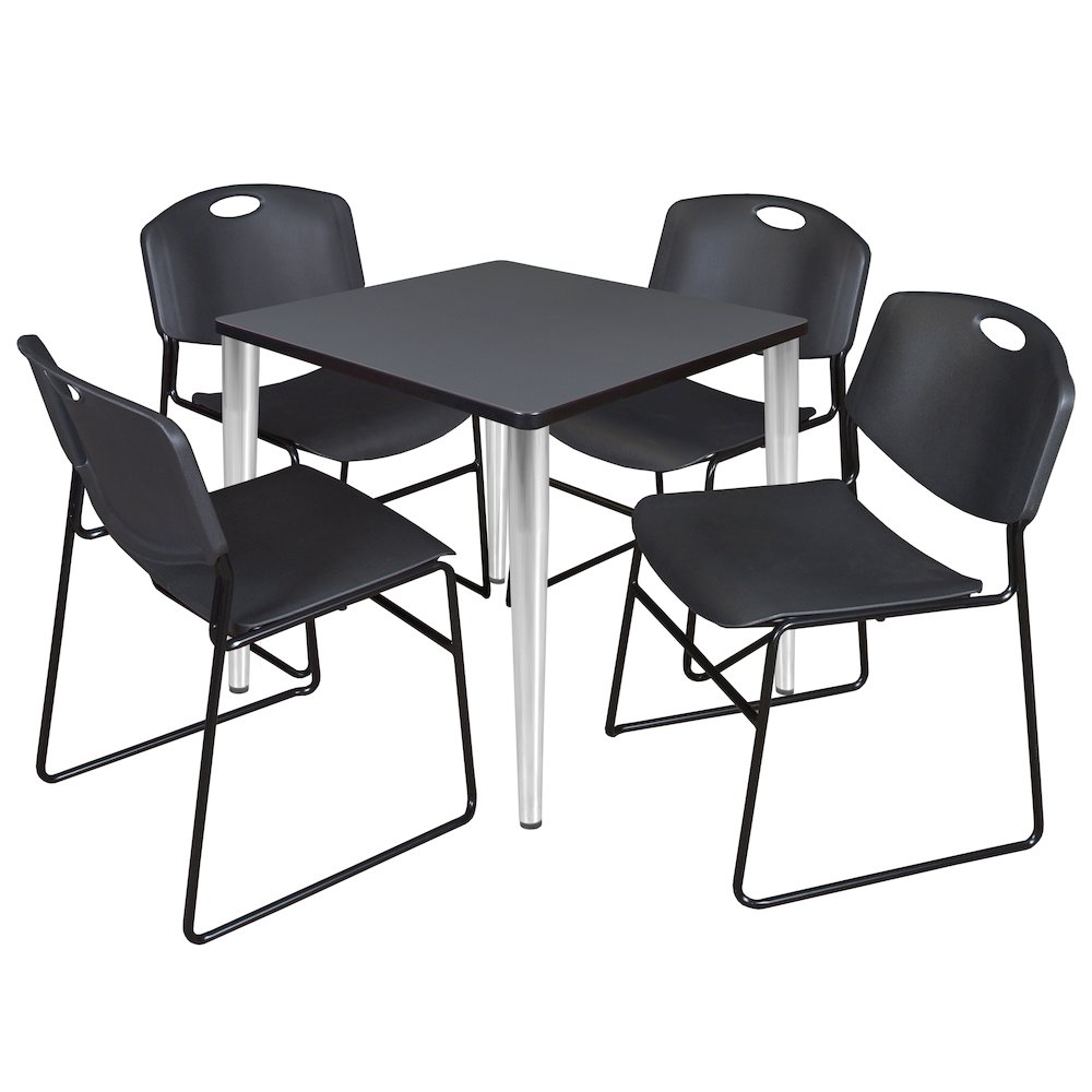 30 Square Breakroom Table- Grey Top, Chrome Base & 4 Zeng Stack Chairs- Black. Picture 1