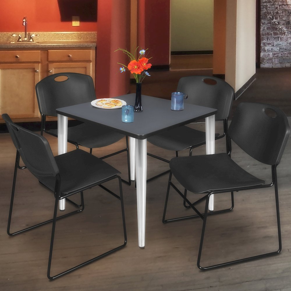 30 Square Breakroom Table- Grey Top, Chrome Base & 4 Zeng Stack Chairs- Black. Picture 9