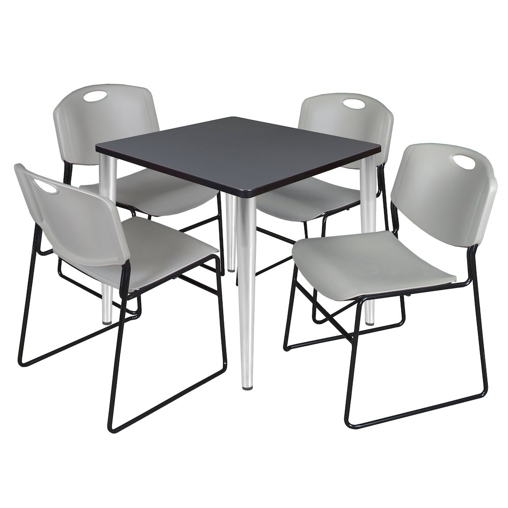 30 in. Square Breakroom Table- Grey Top, Chrome Base & 4 Zeng Stack Chairs- Grey. Picture 1