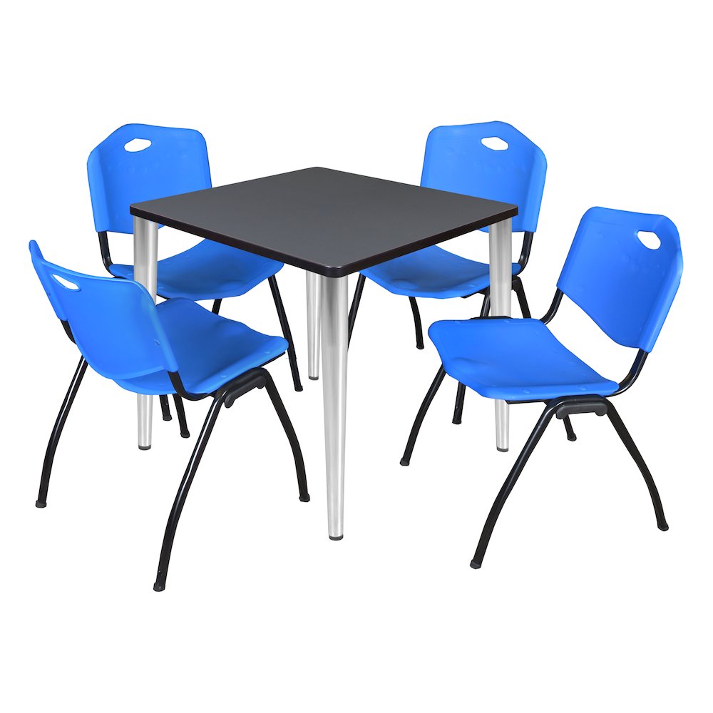 30 in. Square Breakroom Table- Grey Top, Chrome Base & 4 M Stack Chairs- Blue. Picture 1
