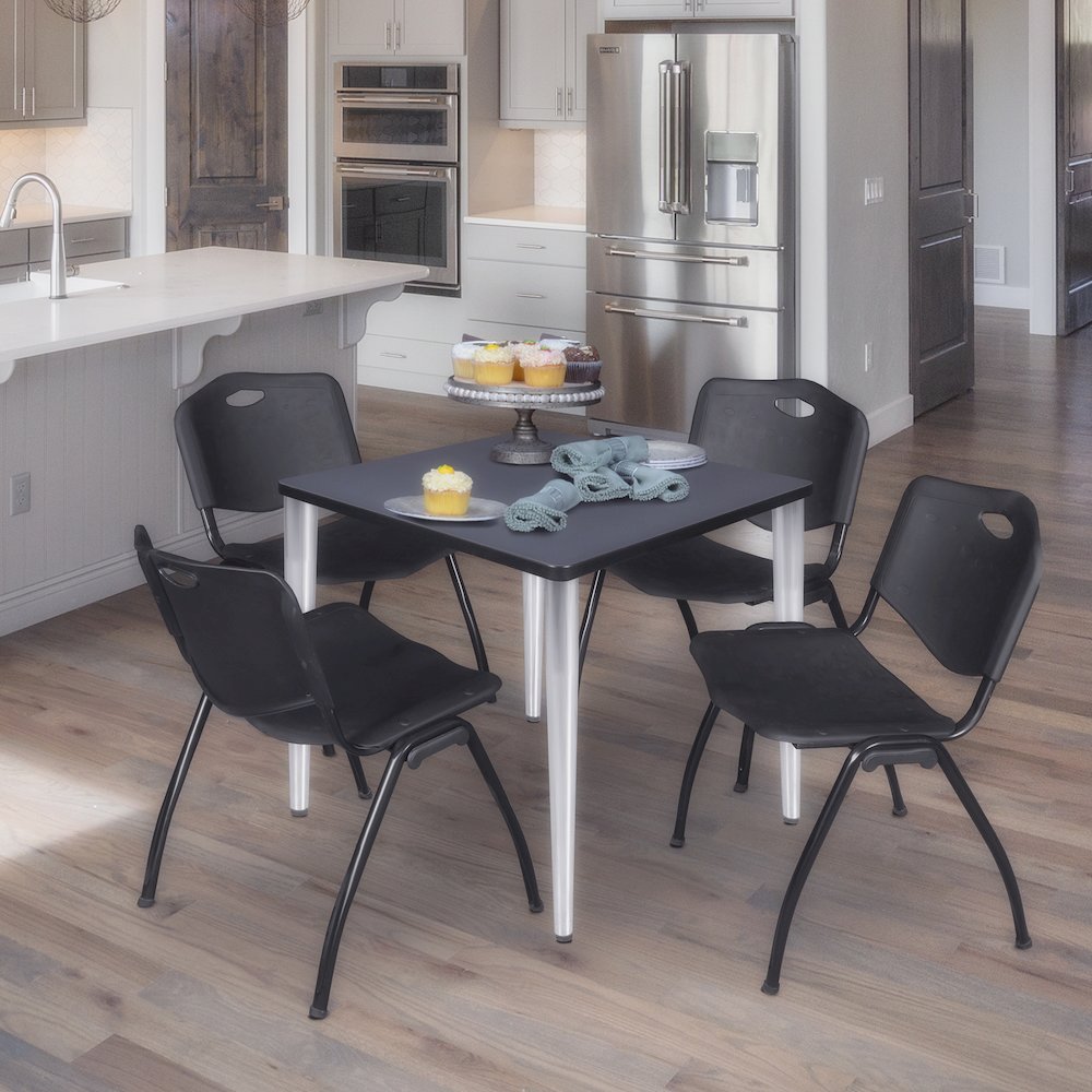 30 in. Square Breakroom Table- Grey Top, Chrome Base & 4 M Stack Chairs- Black. Picture 9