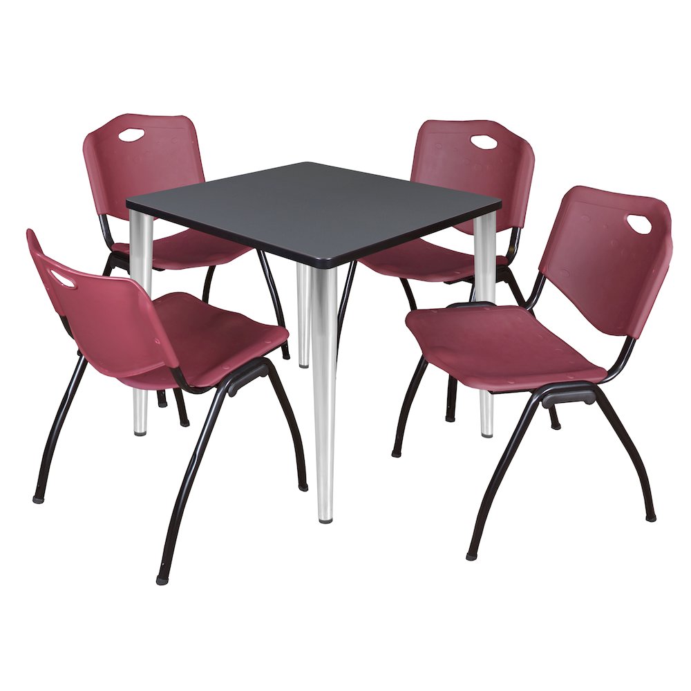 30 Square Breakroom Table- Grey Top, Chrome Base & 4 M Stack Chairs- Burgundy. Picture 1