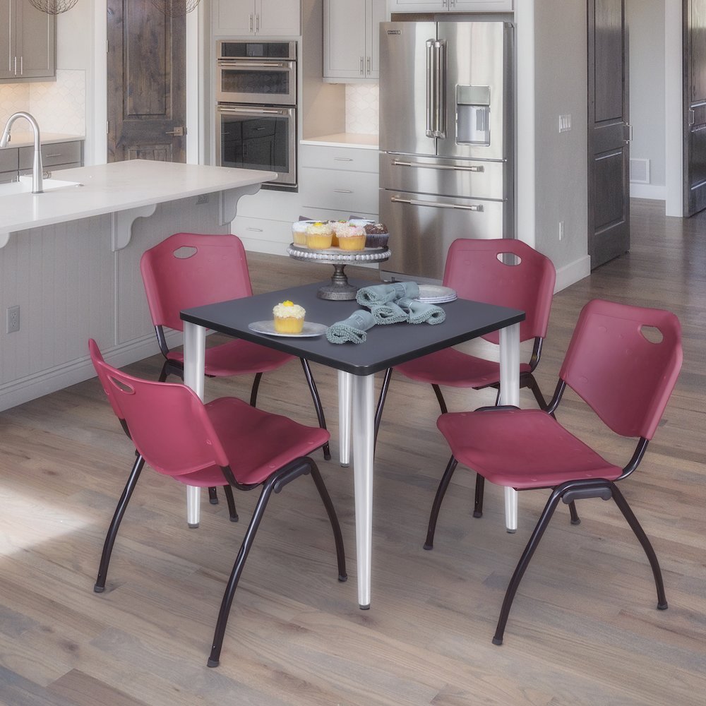 30 Square Breakroom Table- Grey Top, Chrome Base & 4 M Stack Chairs- Burgundy. Picture 9