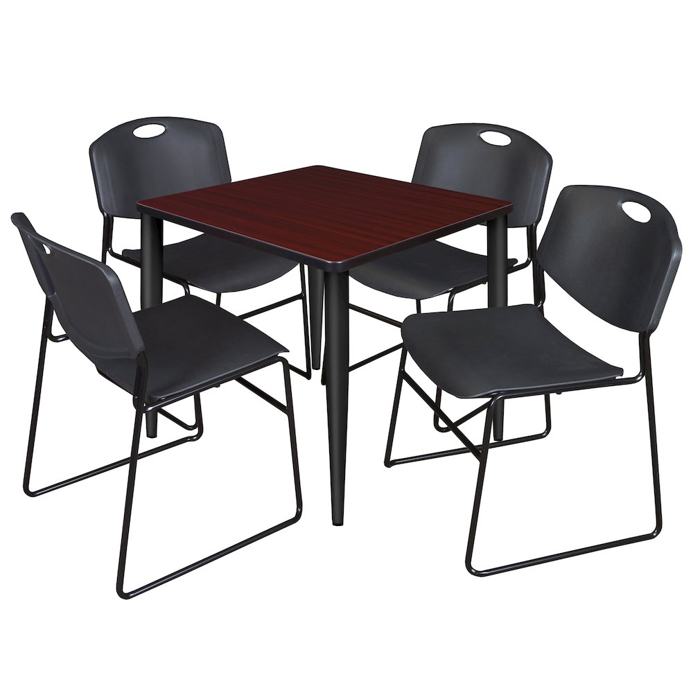 30 Square Breakroom Table- Mahogany Top, Black Base & 4 Zeng Stack Chairs- Black. Picture 1