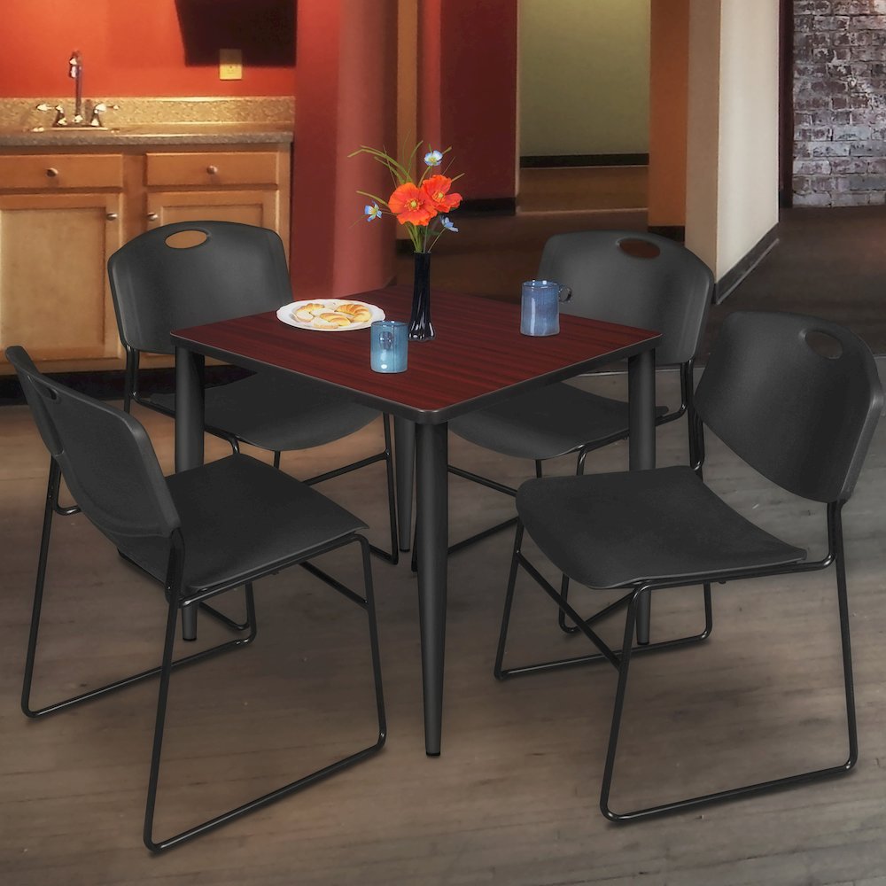 30 Square Breakroom Table- Mahogany Top, Black Base & 4 Zeng Stack Chairs- Black. Picture 9