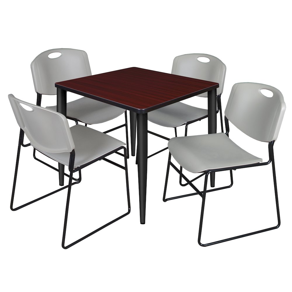 30 Square Breakroom Table- Mahogany Top, Black Base & 4 Zeng Stack Chairs- Grey. Picture 1