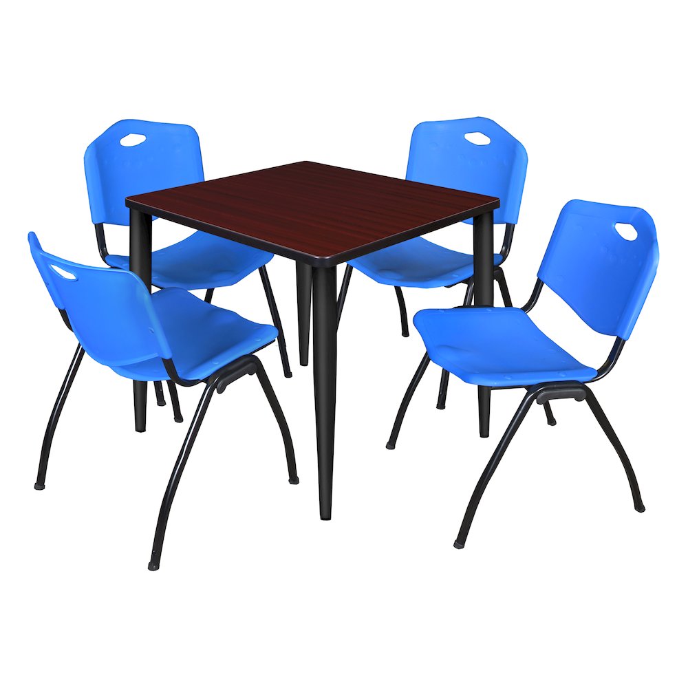 30 in. Square Breakroom Table- Mahogany Top, Black Base & 4 M Stack Chairs- Blue. Picture 1