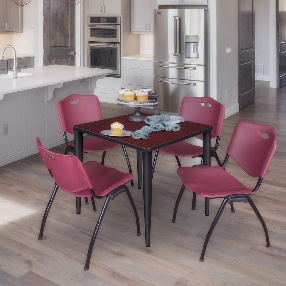 30 Square Breakroom Table- Mahogany Top, Black Base & 4 M Stack Chairs- Burgundy. Picture 9