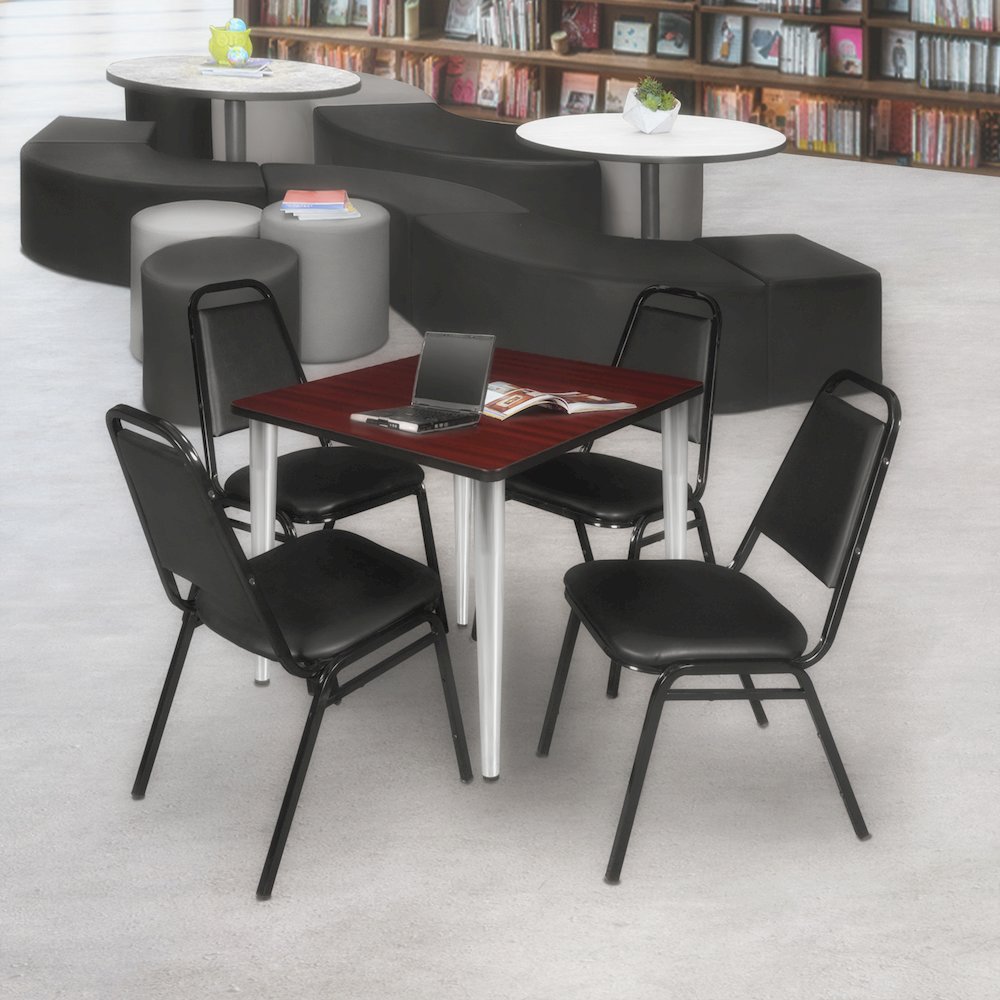 30 Square Breakroom Table- Mahogany Top, Chrome Base & 4 Stack Chairs- Black. Picture 9