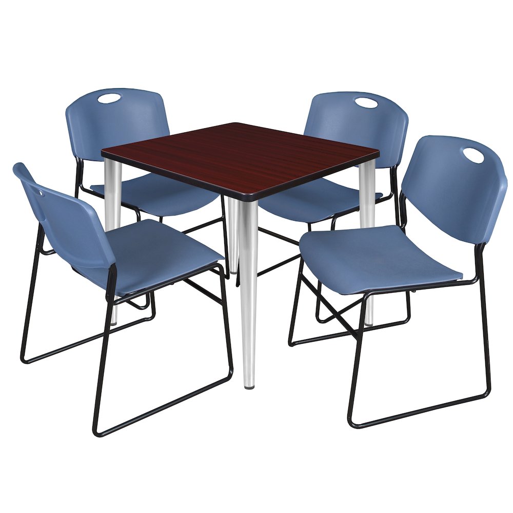 30 Square Breakroom Table- Mahogany Top, Chrome Base & 4 Zeng Stack Chairs- Blue. Picture 1