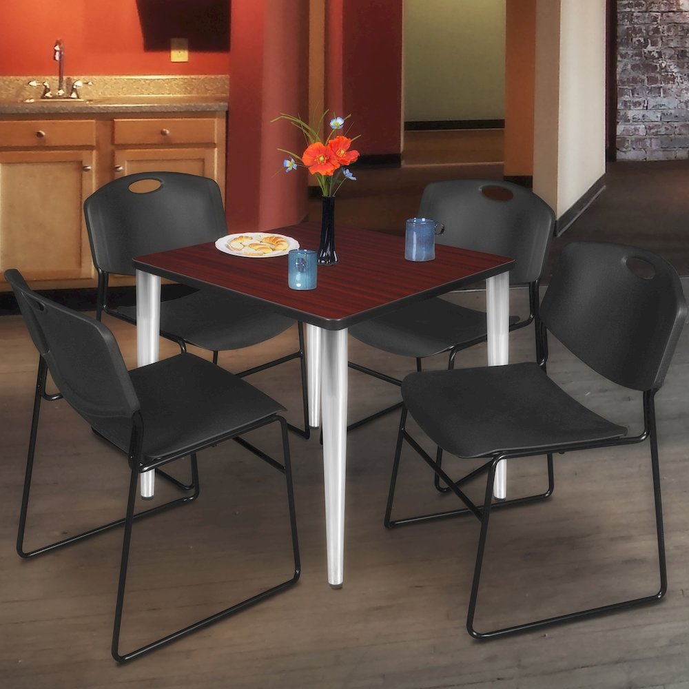 30 Square Breakroom Table- Mahogany Top, Chrome Base & 4 Stack Chairs- Black. Picture 9