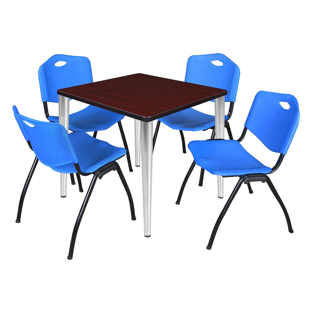 30 Square Breakroom Table- Mahogany Top, Chrome Base & 4 M Stack Chairs- Blue. Picture 1