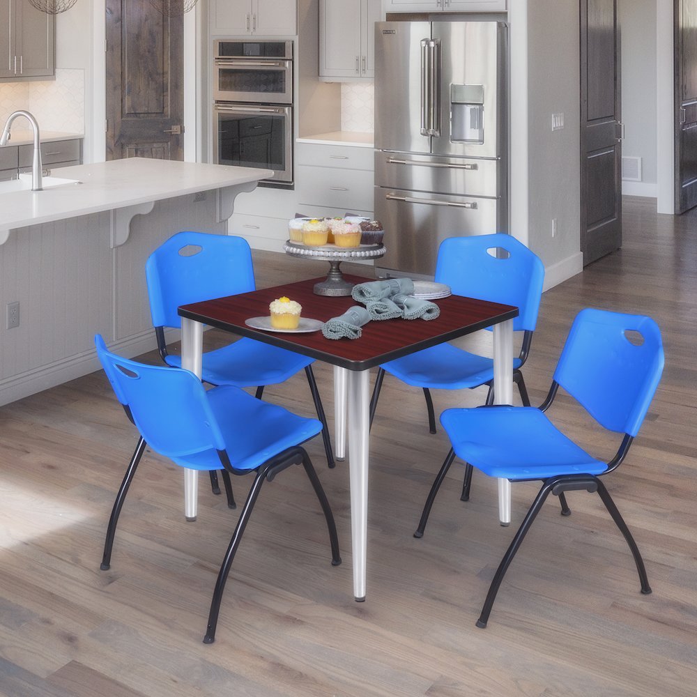 30 Square Breakroom Table- Mahogany Top, Chrome Base & 4 M Stack Chairs- Blue. Picture 9